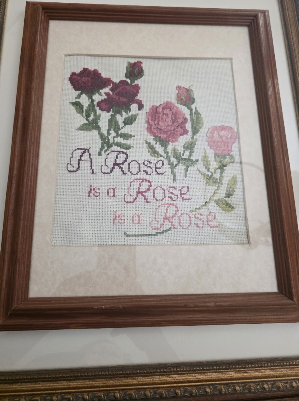 Framed Pink Rose Cross Stitch Wall Art